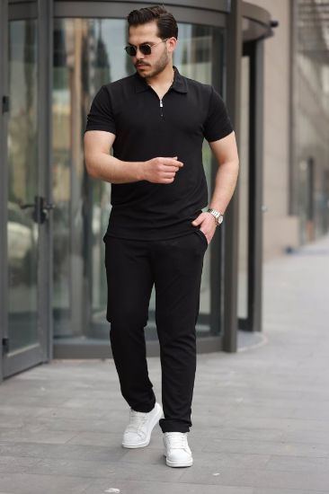 Erkek Yakalı Fermuarlı T-shirt Pantolon Ikili Rahat Takım resmi